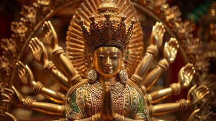 Fototapeta premium The photo shows a golden statue of a Buddhist bodhisattva with multiple arms