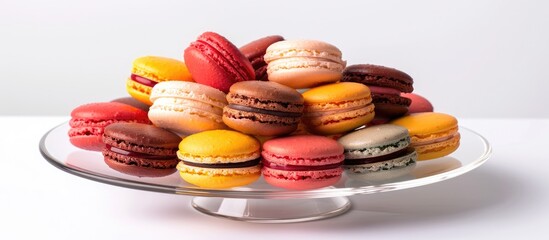 Colorful French macaroons arranged on a glass plate, perfect for advertising with space for text, set against a white backdrop in a studio setting.