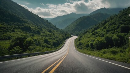 a long road going through a valley with mountains in the background