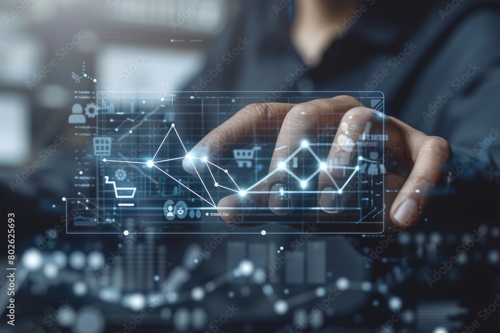 Poster a businessman touching a virtual screen with graphs and icons representing e-commerce and technology