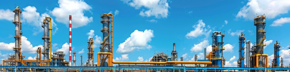 Fototapeta na wymiar Expansive Industrial Landscape of an Oil Refinery Against a Clear Blue Sky, Symbolizing Energy Production and Engineering Prowess
