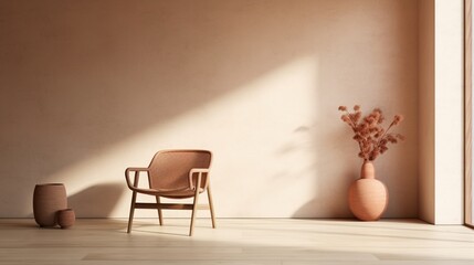 A tranquil setting adorned with terracotta accents, showcasing a minimalist beige chair and a vacant frame against a subtle wall backdrop. 