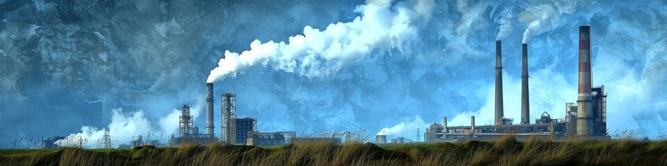 Large Industrial Factory Emitting Smoke Against a Stormy Sky, Highlighting Environmental Impact