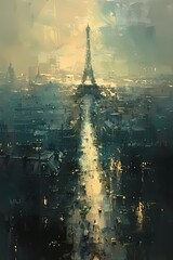  Abstract oil  painting features landscape of Paris France  cityscape wall art, moody vintage farmhouse  style digital art print, wallpaper, background