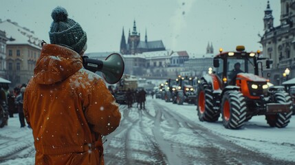A lone protestor stands in front of a line of tractors in a snowy city square.