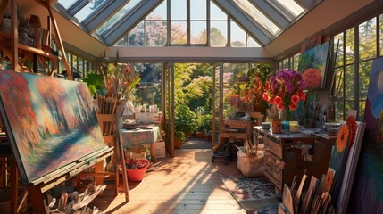 A vibrant and eclectic artist's studio filled with paints, brushes, easels, and colorful canvases, bathed in natural light streaming through skylights. 