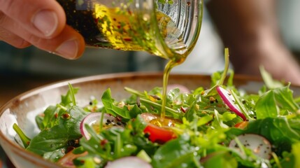 Drizzling a homemade vinaigrette over the salad the man infuses it with his own blend of fresh herbs adding both flavor and health benefits.