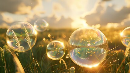 Surreal Floating Soap Bubbles Over Lush Field with Dream-Like Landscapes