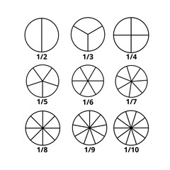 Divided Circle from 2 to 10 parts. Fractional numbers in math. Vector image.