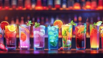 A row of cocktails on a bar counter with bottles in the background