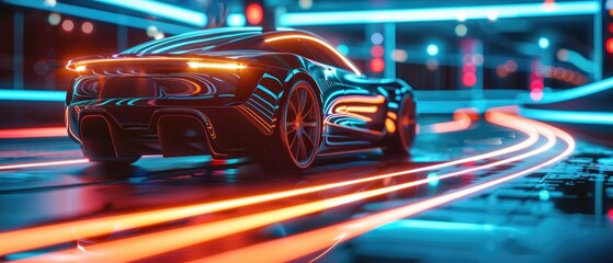 A sleek black sports car drives through a futuristic city at night, leaving a trail of light behind it.