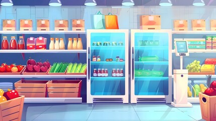 Supermarket Interior Illustration: Modern grocery store setup with products in refrigerators and shelves, capturing a busy shopping scene.