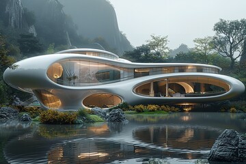 "Futuristic Residence Perched on Rock, Rendered in Lumion with Sleek Utopian Design"
