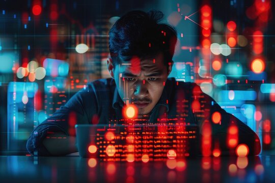 A young male programmer works on a project late at night.