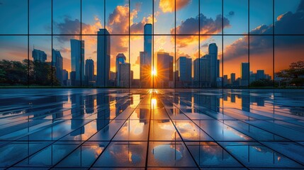 Cityscape with skyscrapers and sunset reflecting on the glass floor