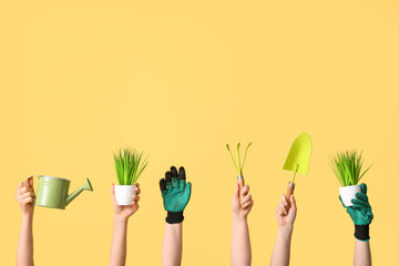 Female hands with gardening tools and plants on yellow background