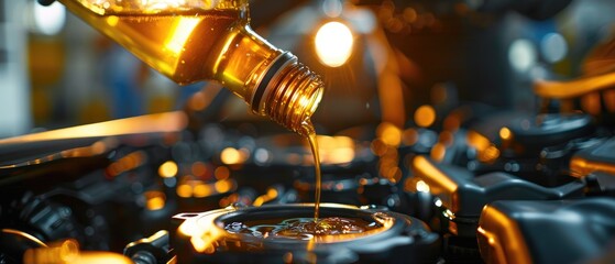 Motor oil being poured into an engine. - obrazy, fototapety, plakaty