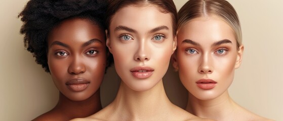 Obraz premium Three young women with different skin tones and beautiful faces.