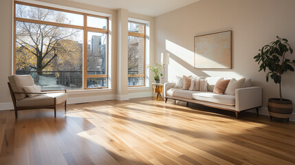 Newly polished hardwood floor gleaming in a spacious living room, natural light streaming through large windows