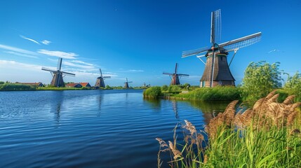 Windmill park in ocean under clear blue sky on a sunny day