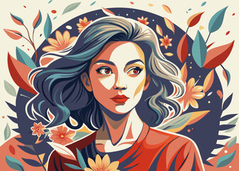 Vector illustration of a woman with a red shirt is standing in front of a floral background