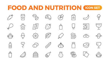 Fruits and Nutrition line icons collection. Big UI icon set in a flat design. Thin outline icons pack. Vector illustration. Fruits and vegetables icons set. Food vector illustration.Outline icon set.