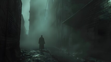 Obraz premium Eerie Silhouette in Foggy Urban Alley Suspenseful Mystery Thriller Concept