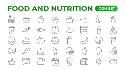 Fruits and Nutrition line icons collection. Big UI icon set in a flat design. Thin outline icons pack. Vector illustration. Fruits and vegetables icons set. Food vector illustration.Outline icon set.