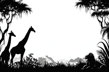 Safari landscape with two giraffes in the center of the lion
