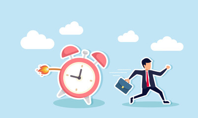 Managing time racing against project deadlines or facing hurdles in product delivery, concept of Afraid businessman fleeing from ticking time bomb ready to explode - obrazy, fototapety, plakaty