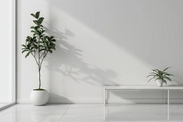 Mockup of a wall in a living room decorated with vases and green plants, a desk and a wide window, 3D render