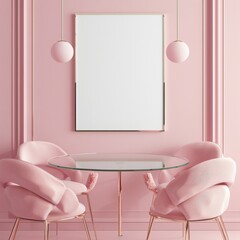 frame mockup of a modern cozy office room interior design with comfortable armchairs and decorative lamps on a pink background, 3d render