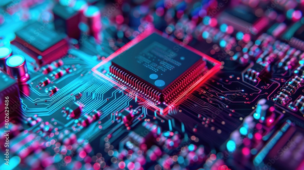 Poster the image shows a close-up of a computer chip with blue and purple lights reflecting off of its surf