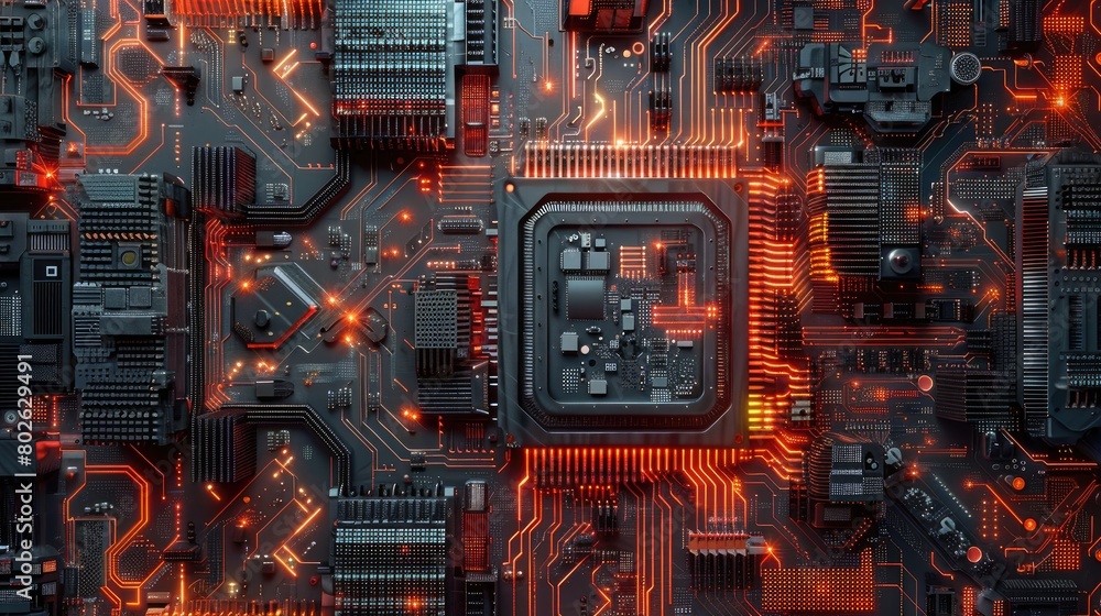 Poster the image shows a close-up of a computer circuit board with a glowing orange light.