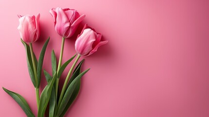 Fototapeta premium Bright pink tulips arranged elegantly against a vivid pink background, perfect for spring themes.
