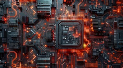 The image shows a close-up of a computer circuit board with a glowing orange light.