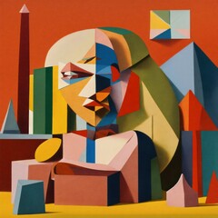 The image you've provided appears to be an abstract artwork featuring geometric shapes and a figure that seems to be a stylized human head. The background includes a variety of shapes generator AI