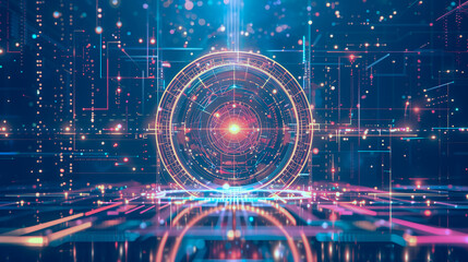 Abstract Vibrant Futuristic Digital Interface Background, a colorful, high-tech interface with a central glowing core surrounded by layers of circular data or energy lines