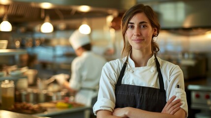 In her kitchen, a woman chef, owner of a small restaurant, smiles warmly as she looks at the camera, embodying the passion and dedication behind her culinary business in a portrait of entrepreneurial 
