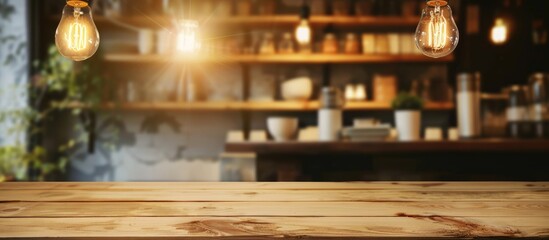 Obraz premium Wooden tabletop on a blurred cafe counter with a light bulb in the background. Ideal for showcasing products or creating key visual design layouts.