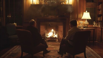 Obraz premium In a dimly lit study a father and son share an intimate conversation by the fireplace bonding over the crackling flames. 2d flat cartoon.