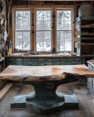 Rustic Woodworking Workshop with Large Workbench and Natural Light Representing Craftsmanship, Handcrafted Furniture, and Artisan Workspace in a Cozy Setting, Woodworking Workshop