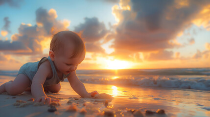baby playing with sand On a quiet beach