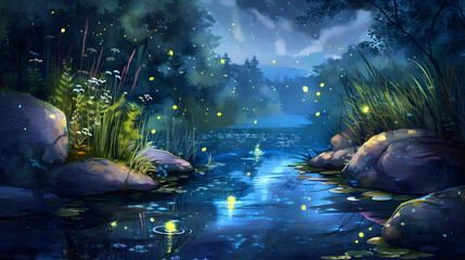 Night streams flow through the calm forest, and there are also fireflies