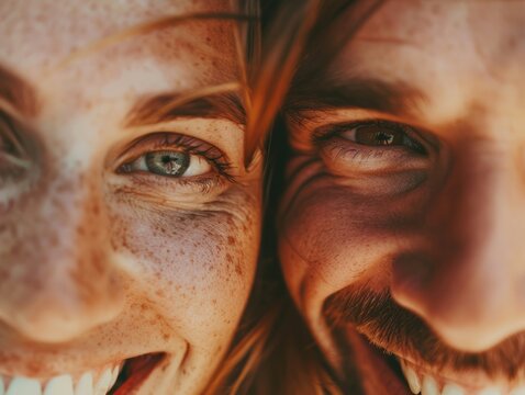 In a tender portrait, a smiling woman's face is captured in a close-up, radiating warmth and affection. beside her, a man's portrait reflects the depth of their love.