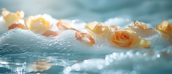 Macro shot of a bubble bath with rose petals floating, luxurious and calming