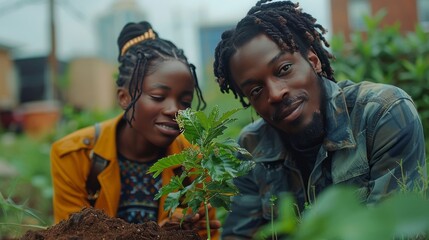 In a beautiful portrait, an african couple is captured planting a new plant together in their garden, symbolizing their shared commitment to nurturing growth and cultivating a flourishing environment.