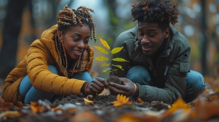 In a beautiful portrait, an african couple is captured planting a new plant together in their garden, symbolizing their shared commitment to nurturing growth and cultivating a flourishing environment.