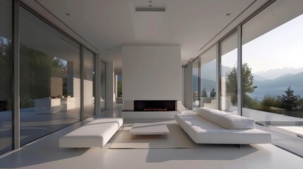 Obraz premium The allwhite walls and simple furnishings allow the gorgeous contemporary fireplace with its sleek glass facade to take center stage in this minimalist living room. 2d flat cartoon.