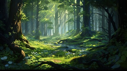 An enchanting forest scene with sunlight filtering through the lush green canopy, casting dappled shadows on the forest floor. 